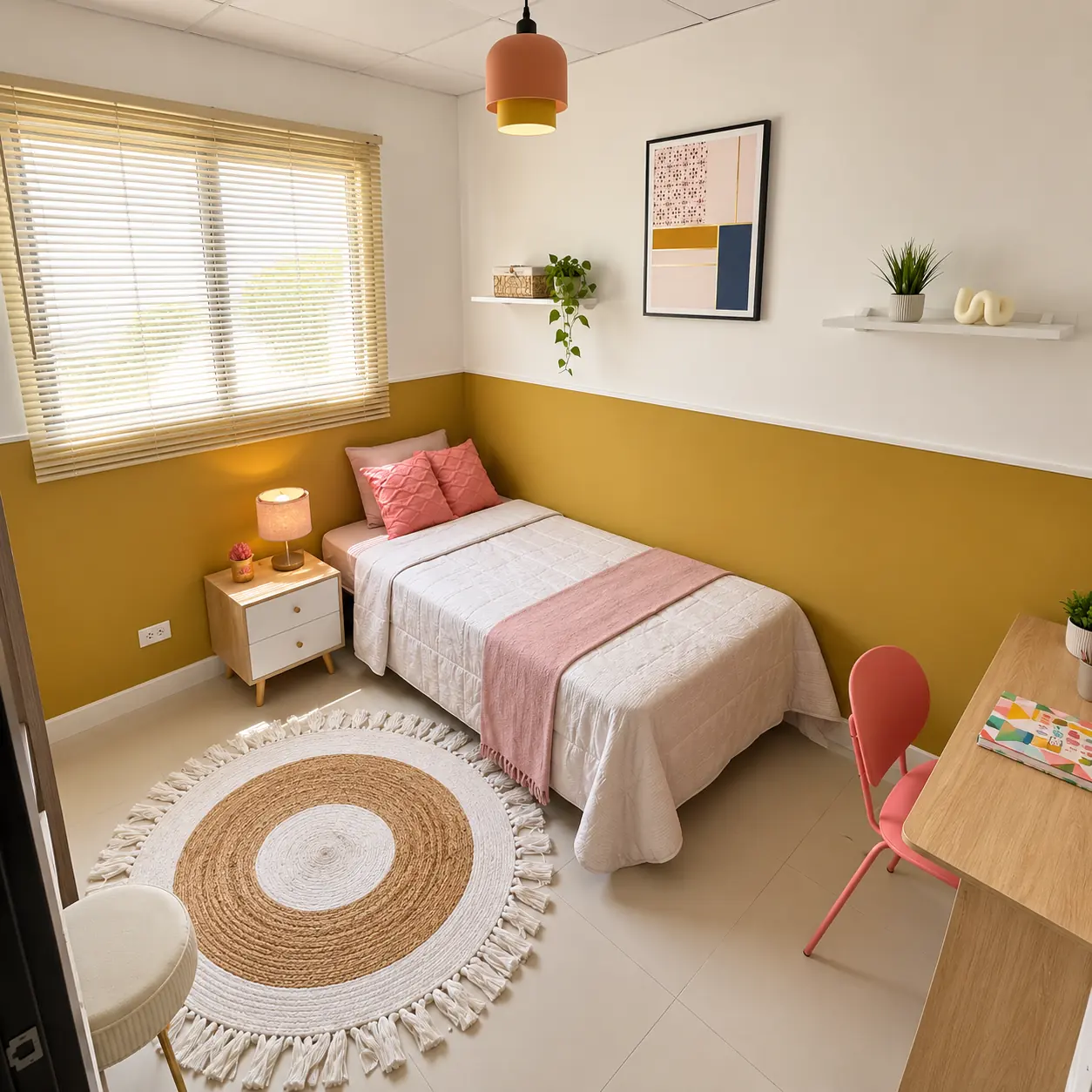 Recámara secundaria con cama y escritorio de casa modelo Roble