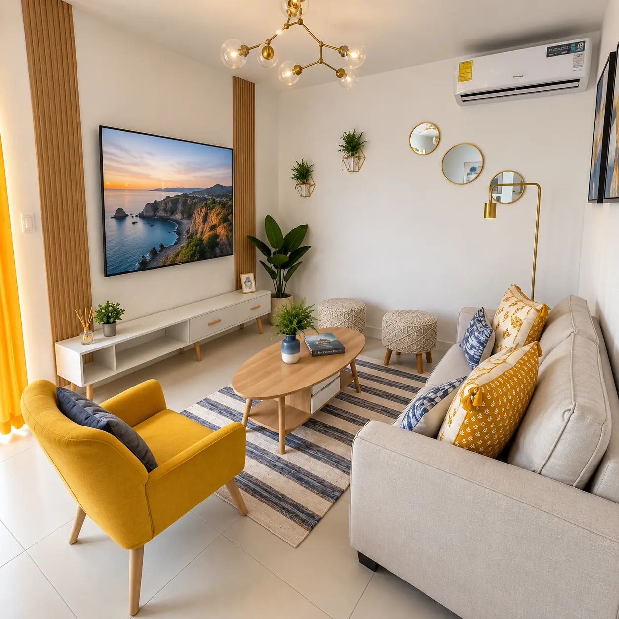 Sala con televisor y ventanales de casa modelo Roble