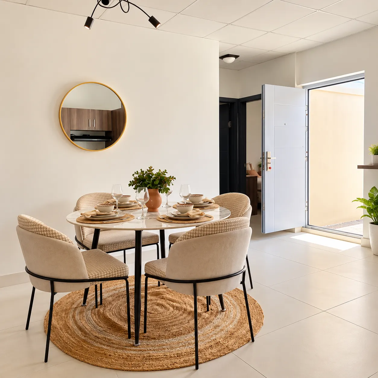 Comedor y entrada principal de casa modelo Palma