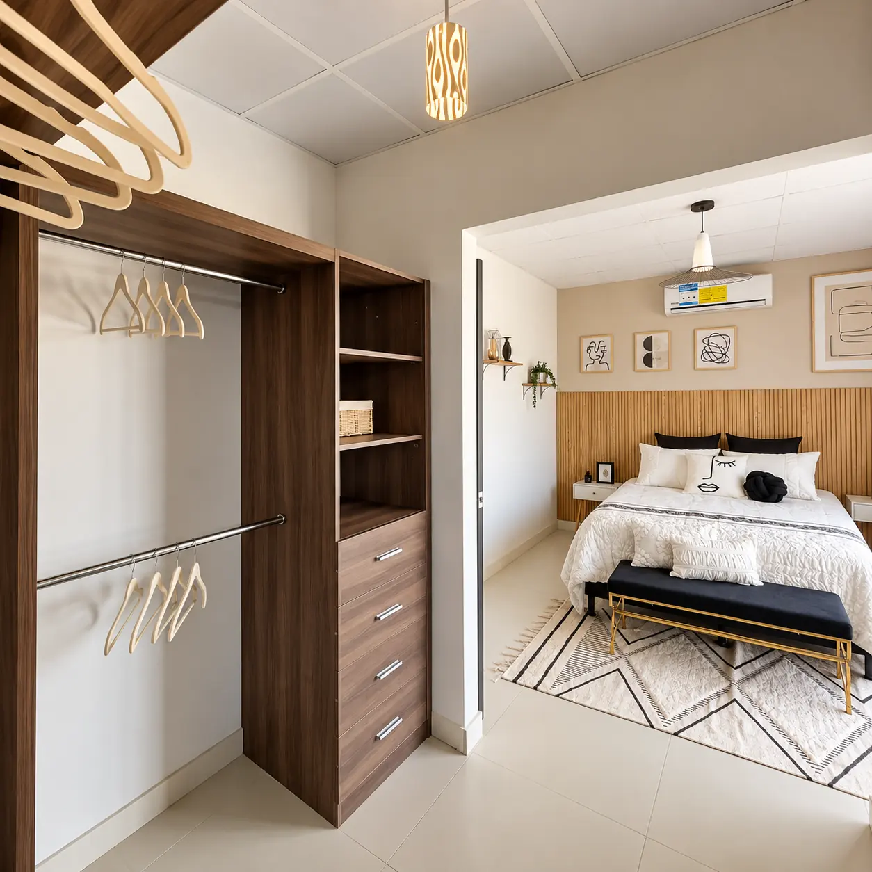 Recámara principal conectada al walk-in closet de casa modelo Roble