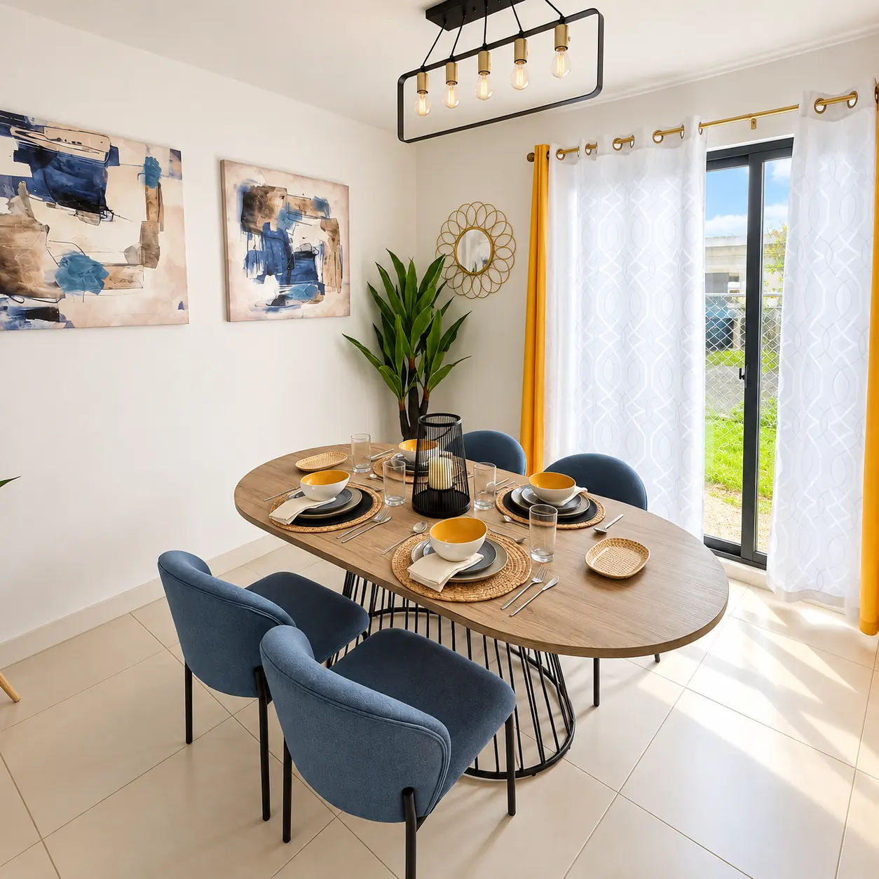 Comedor iluminado con ventanales de casa modelo Roble