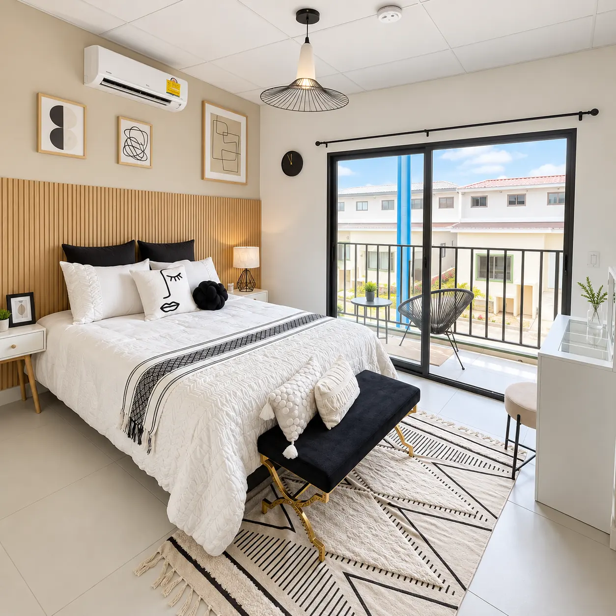 Recámara principal con balcón de casa modelo Roble