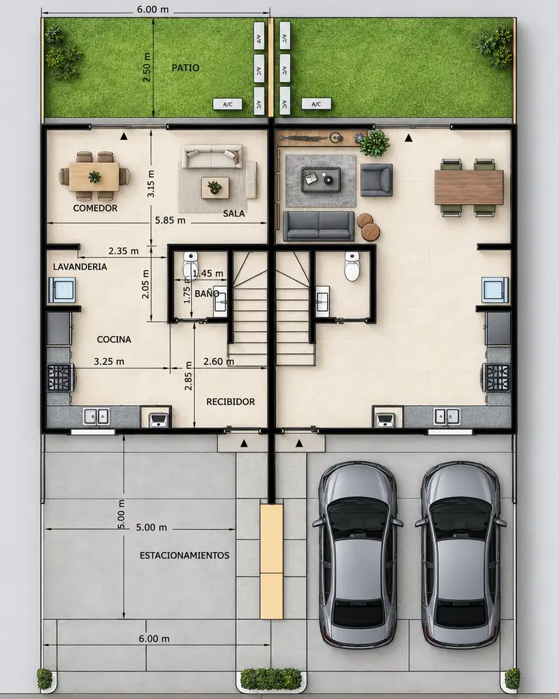 Plano de planta baja del modelo Roble de dos pisos en Ciudad de las Américas, Panamá Este