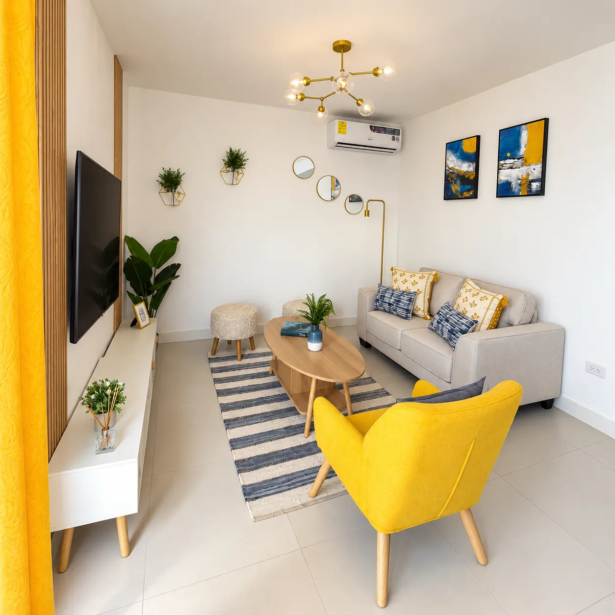 Sala amoblada con sofá y sillón de casa modelo Roble