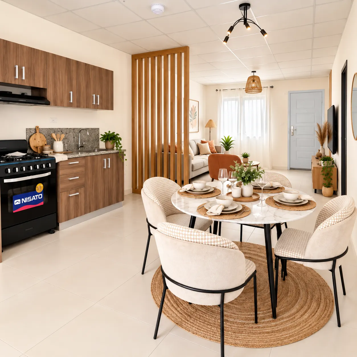 Cocina, comedor y sala integrados en casa modelo Palma de 2 recámaras