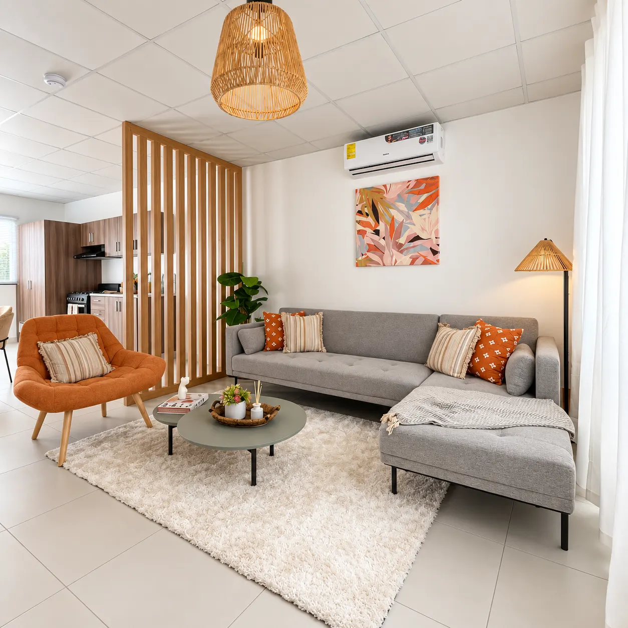 Sala y comedor de concepto abierto en casa modelo Palma