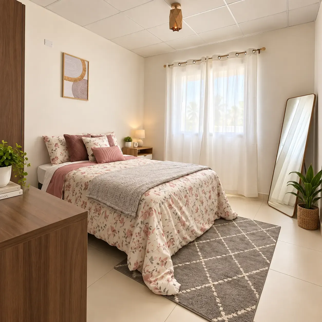 Recámara principal con cama matrimonial y espejo en casa modelo Palma