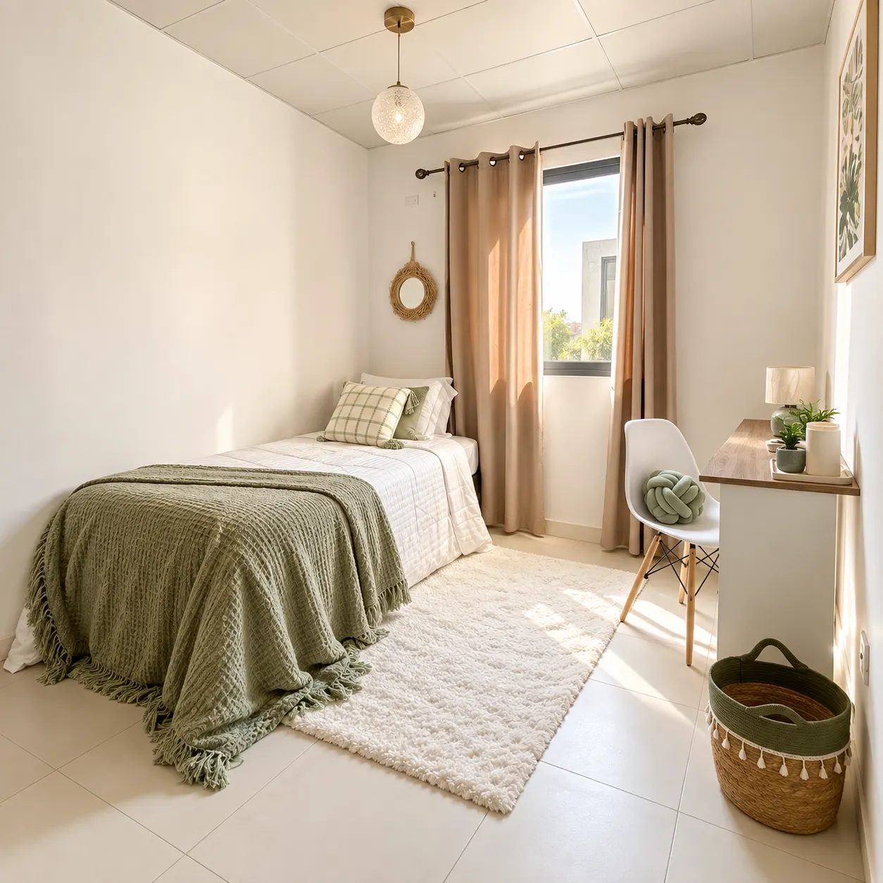 Recámara secundaria con cama individual y escritorio en casa modelo Palma