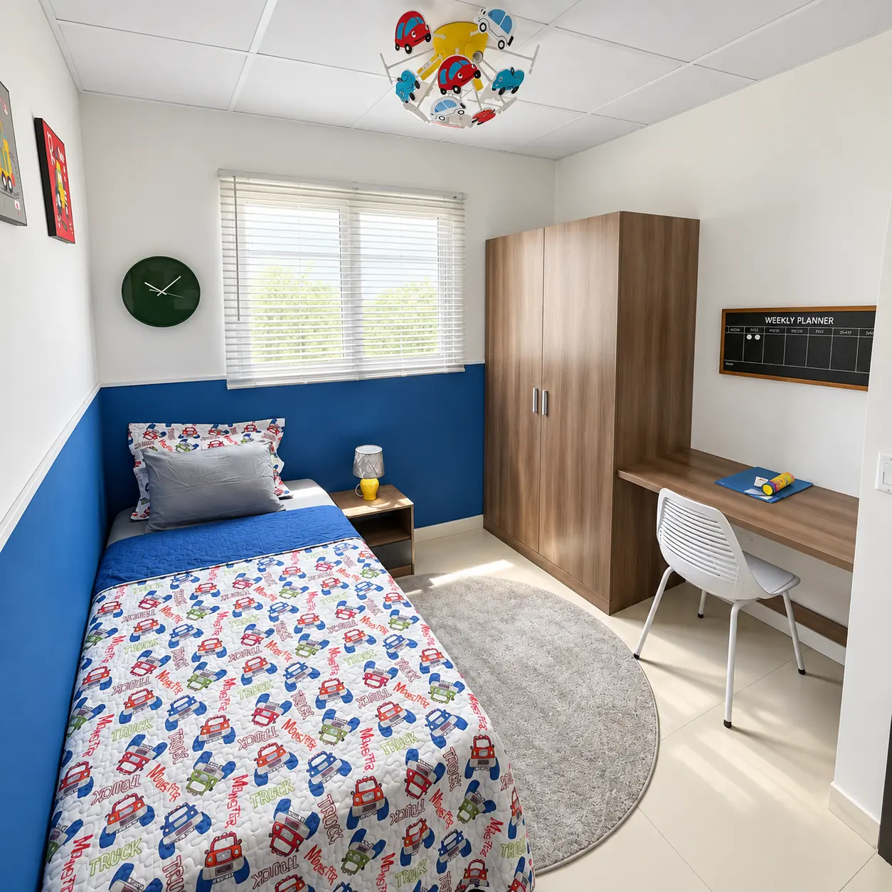 Tercera recámara con cama y escritorio de casa modelo Roble