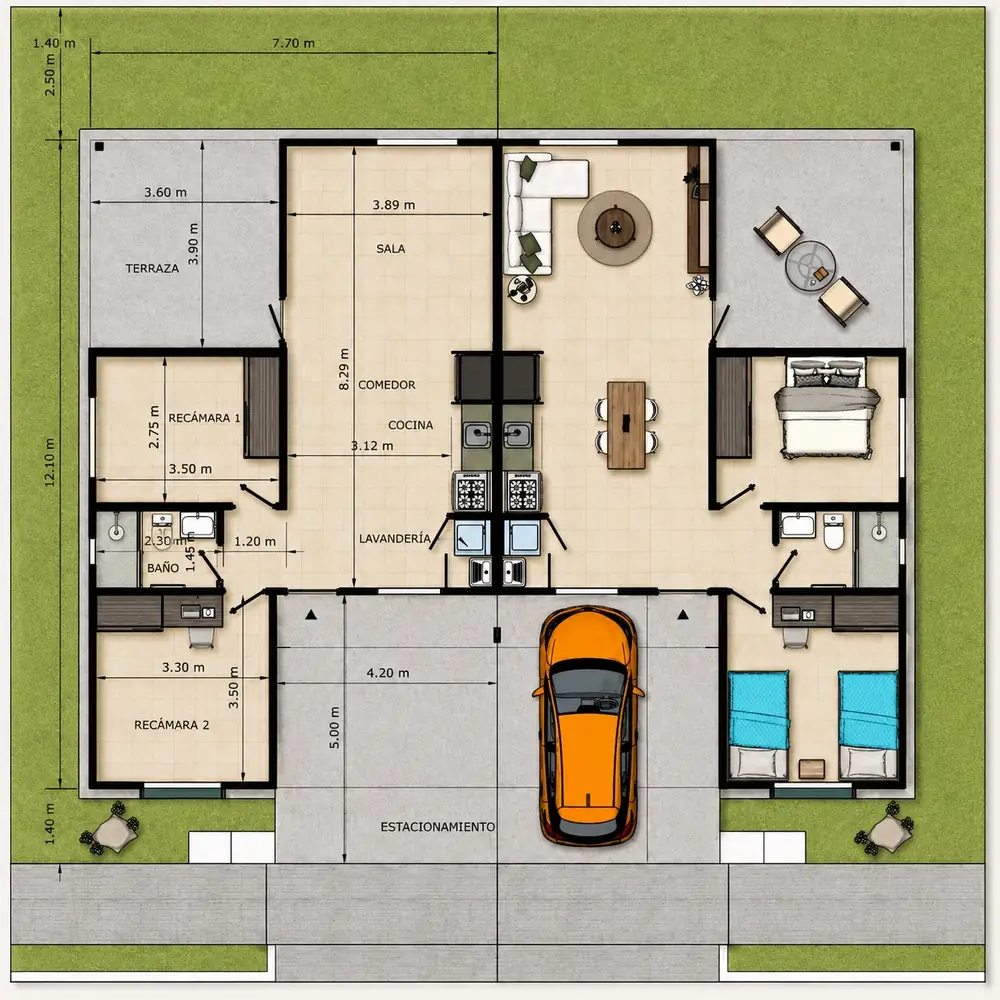 Plano de planta baja del modelo Palma de 2 recámaras en Ciudad de las Américas, Panamá Este