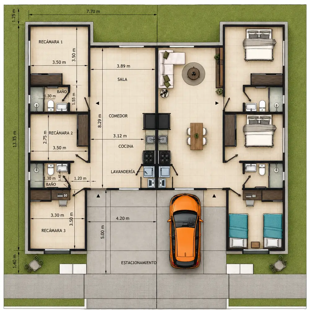Plano de planta baja del modelo Palma de 3 recámaras en Ciudad de las Américas, Panamá Este