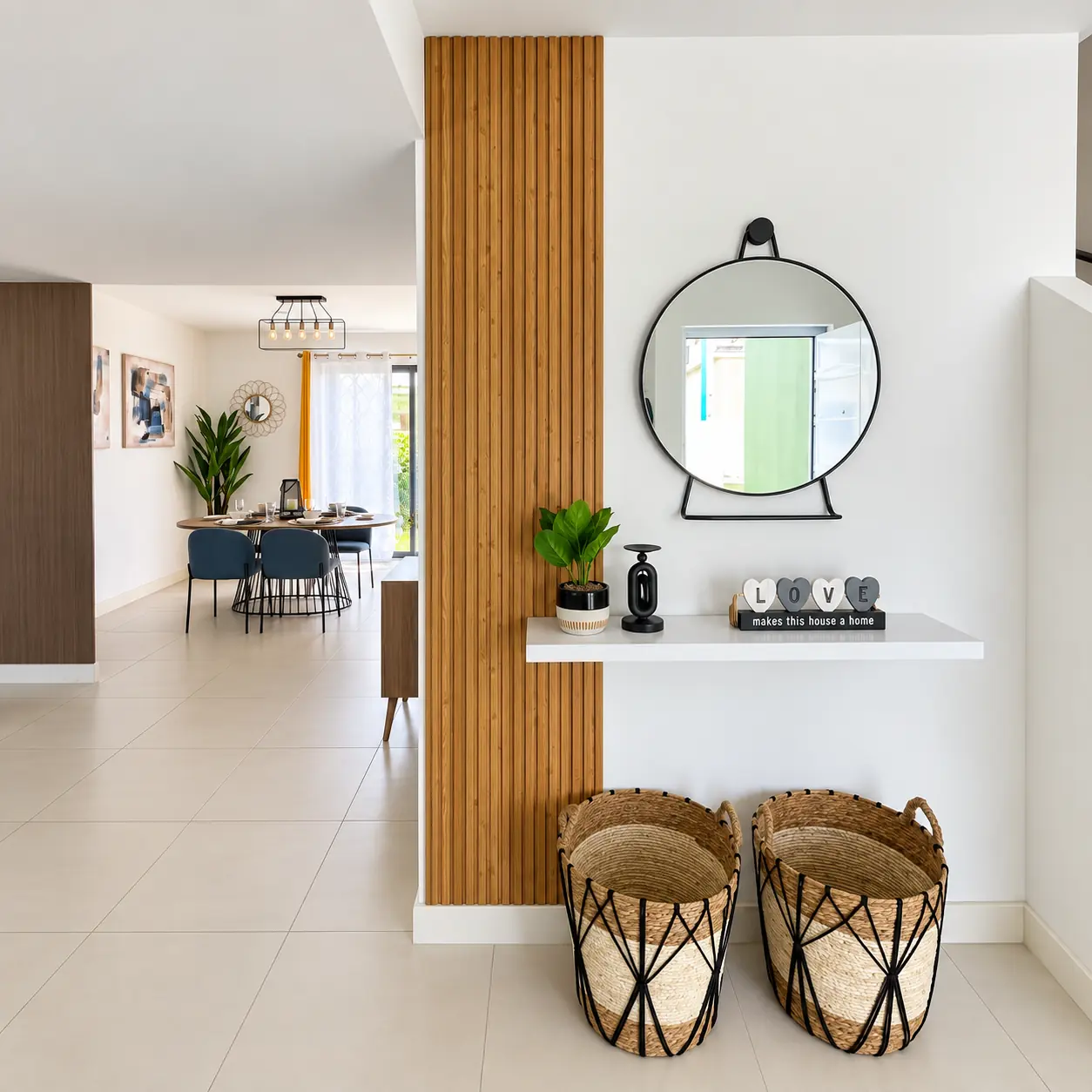 Recibidor y comedor de casa modelo Roble