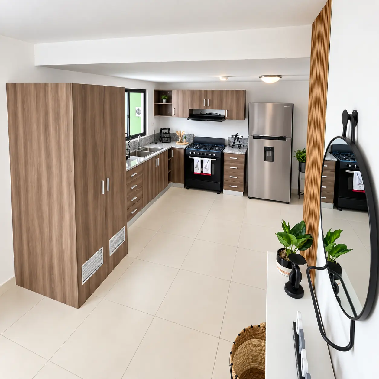 Cocina amplia con gabinetes de madera de casa modelo Roble